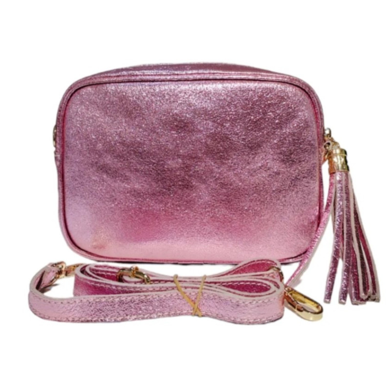 Sac Bandoulière En Cuir Irisé Avec Pompon